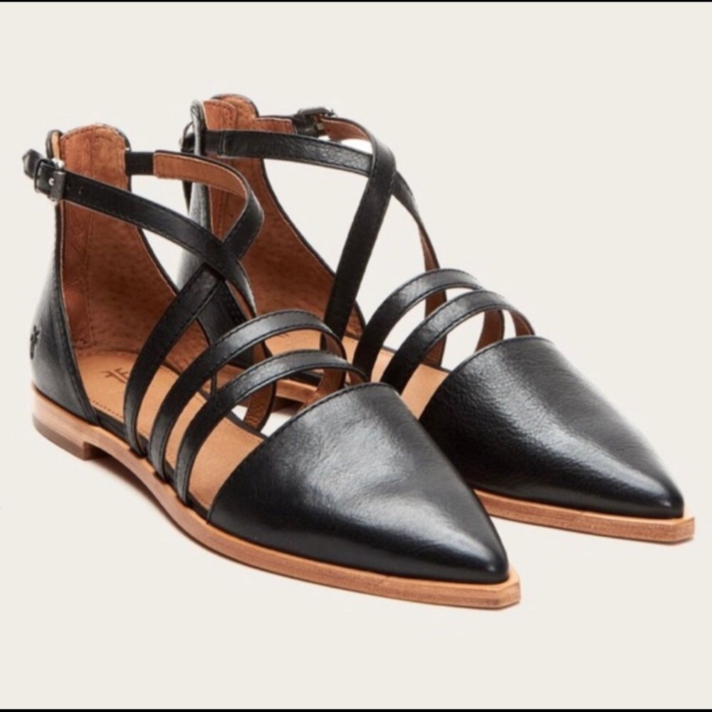 Frye Kenzie Moto Strappy Black Flats - Real Leather